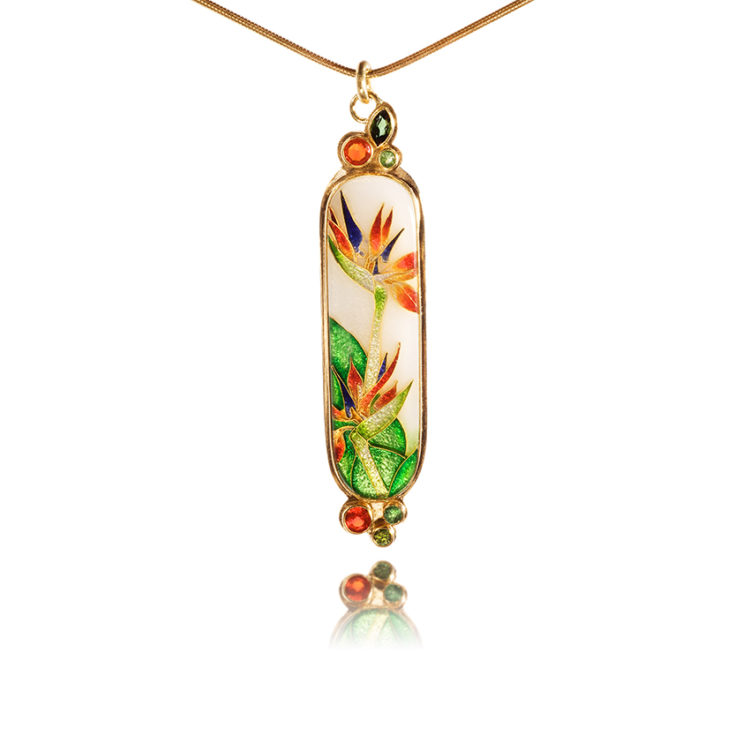 Awakening Bird of Paradise 18K Gold Vertical Enamel Custom Pendant