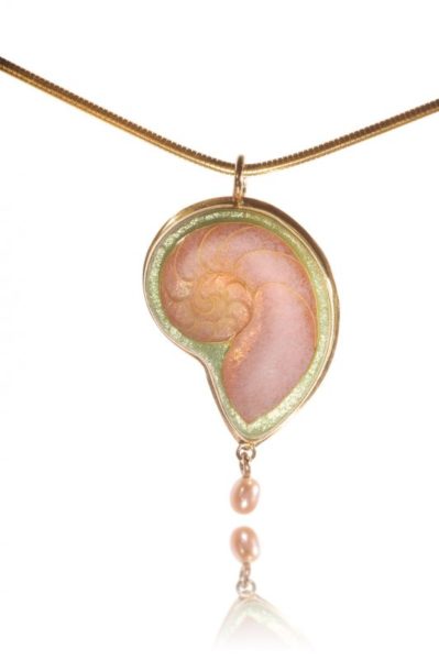 Nautilus Freshwater Pearl Cloisonné Gold Necklace